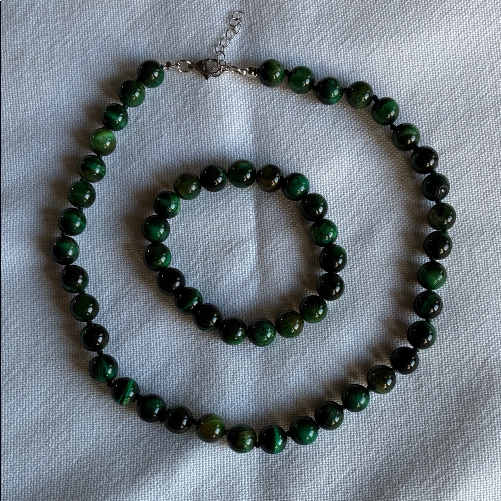 NEW Green Tiger's Eye beaded necklace & bracelet set boho chunky bold trendy